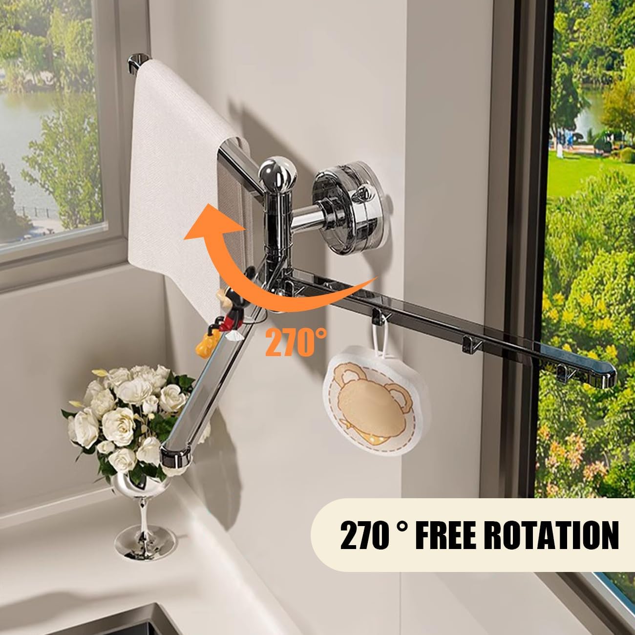 2PCS Swivel Suction Cup Towel Bar 3 Swing Arms 270°Rotation Wall Mounted Cloth Drip Dry Holder Multifunctional Storage Rack for Bathroom and Kitchen Accessories Beige