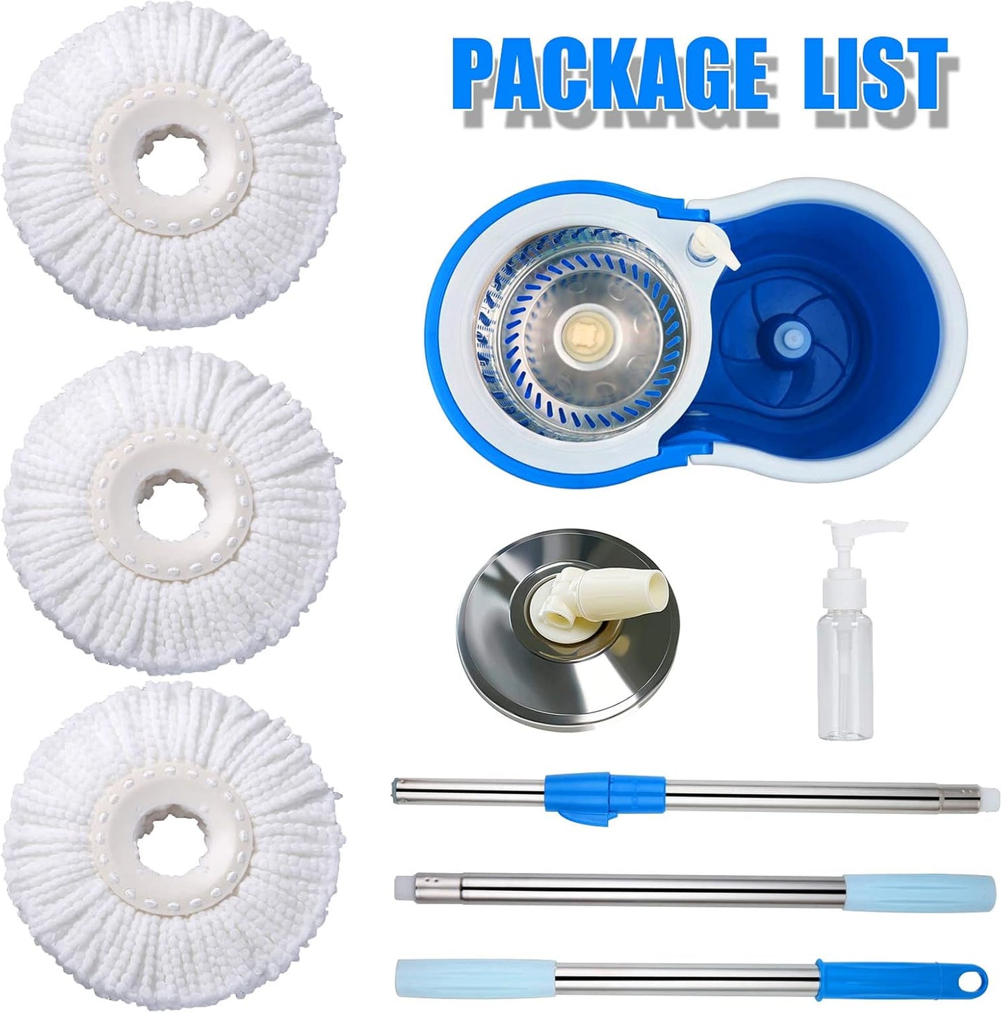 Spin Mop and Bucket with Wringer Set, 360° Spinning Mop Bucket System with 3 Microfiber Mop Replacement Heads and 61" Stainless Steel Adjustable Handle for Floor Cleaning