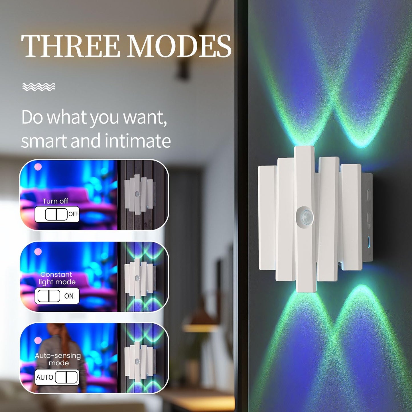 Rechargeable Motion Sensor Night Light, Magnetic RGB Color Changing LED Ambient Lighting, Compact Battery Operated Indoor Wall Light for Hallway, Stairs, Bathroom & Kids Room (USB-C)