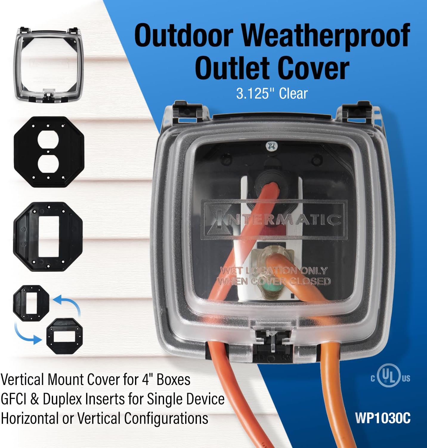 Intermatic WP1020C 2-1/4” Deep Weatherproof Outlet Cover – UV Stabilized Clear, GFCI & Duplex, Vertical Mount, UL Certified – Fits Single Device Only for Larger Double-Gang 4” x 4” Boxes
