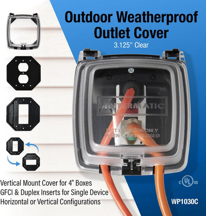 Intermatic WP1020C 2-1/4” Deep Weatherproof Outlet Cover – UV Stabilized Clear, GFCI & Duplex, Vertical Mount, UL Certified – Fits Single Device Only for Larger Double-Gang 4” x 4” Boxes