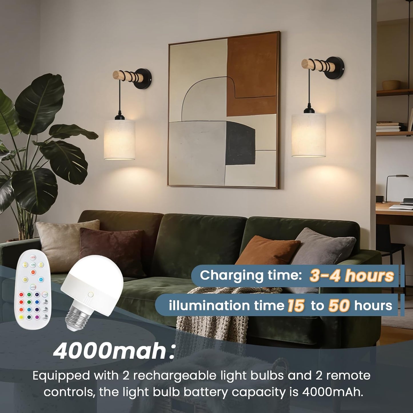 Battery Operated Wall Sconces Set of 2,Wireless Wall Sconce with Remote Control,Rechargeable wall Lights with 15 Color Changing,Dimmable Modern Wall Lamp for Bedroom Living Room Hallway