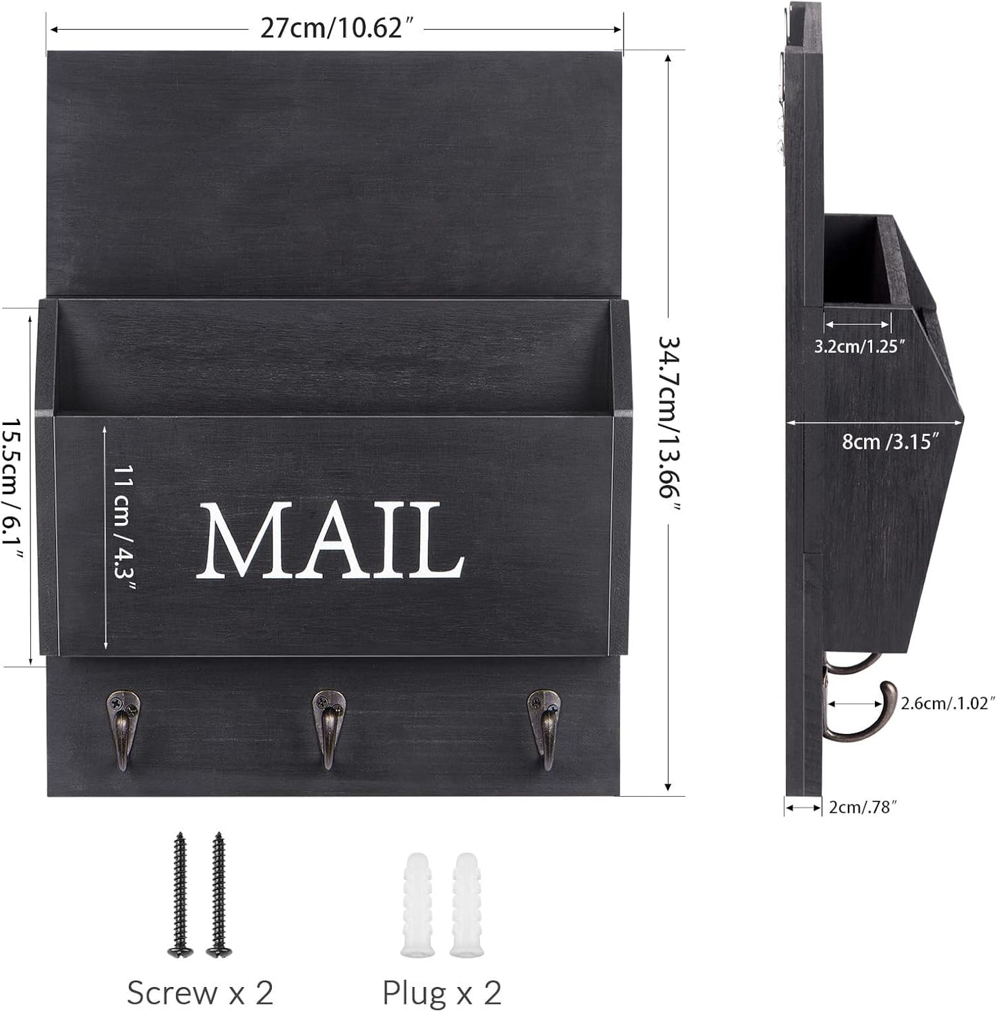 DLQuarts Mail Organizer with Key Holder for Wall, Mail Sorter Wall Mounted, Decorative Wooden Key and Mail Holder with 3 Hooks, Black