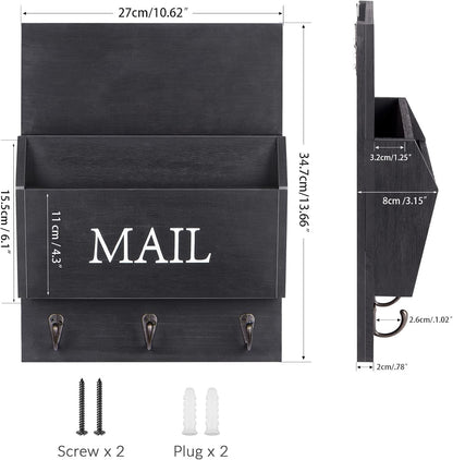 DLQuarts Mail Organizer with Key Holder for Wall, Mail Sorter Wall Mounted, Decorative Wooden Key and Mail Holder with 3 Hooks, Black