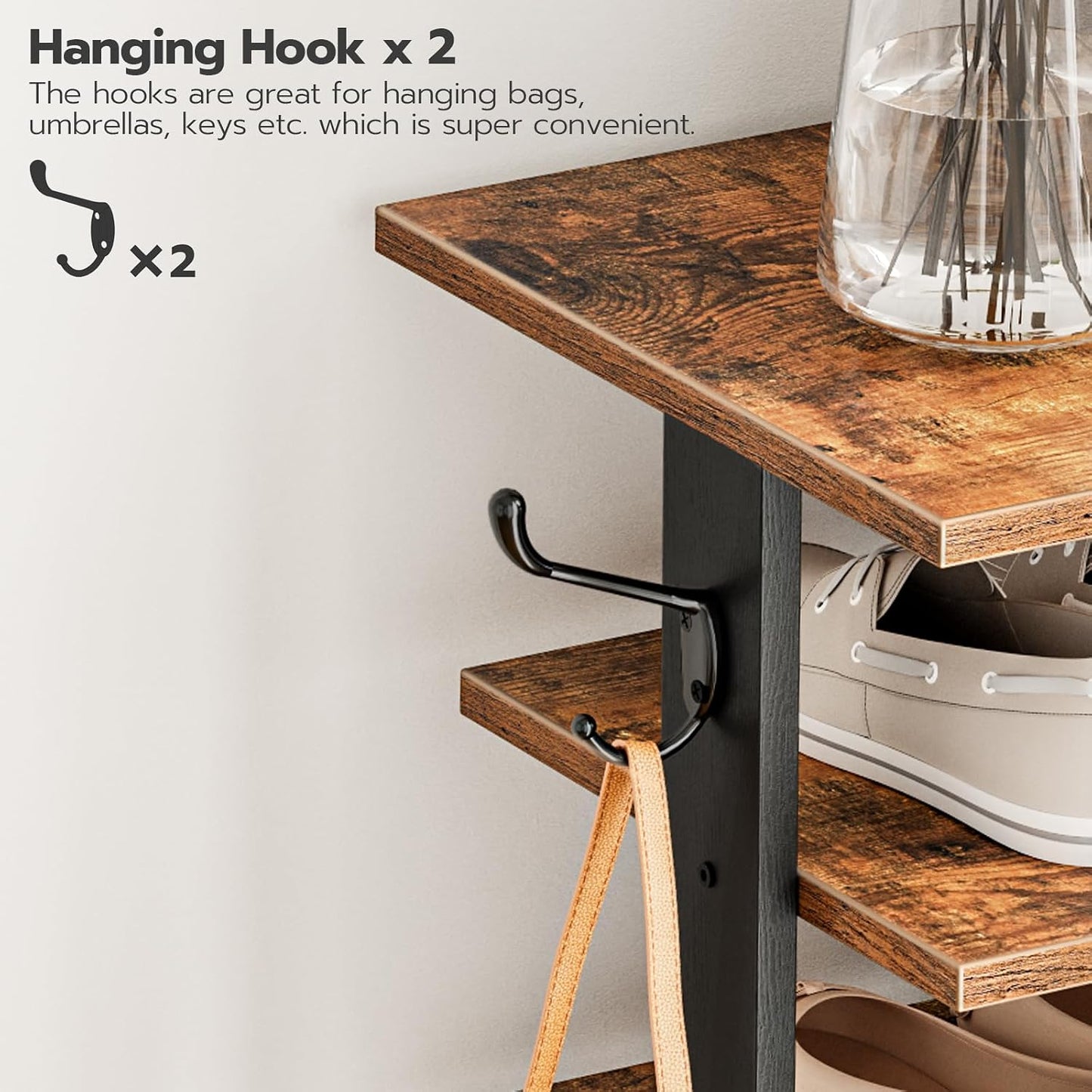 HOOBRO 8 Tiers Vertical Shoe Rack, Wooden Shoe Storage Organizer with Hooks, Narrow Shoe Tower for 8 Pairs, Space Saving, for Entryway, Living Room, Bedroom, Rustic Brown BF07XJ01G1