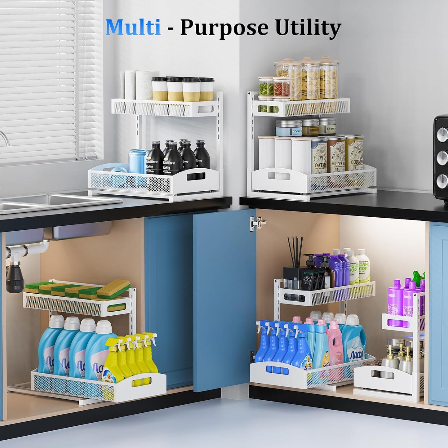 Petiza Under Sink Organizer Pull Out Cabinet Organizer Adjustable Height 2 Tier with Sliding Drawers Kitchen Bathroom Organizer and Storage(1pc)
