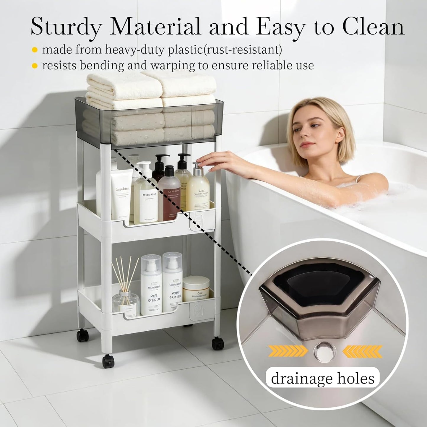 2 Tier Rolling Cart with Wheels for Under Desk Storage, Heavy Duty Plastic Short Small Utility Cart for Small Space Bathroom Vanity Makeup Organizer Pantry, 4.7'' Deep Baskets for Tall Bottles