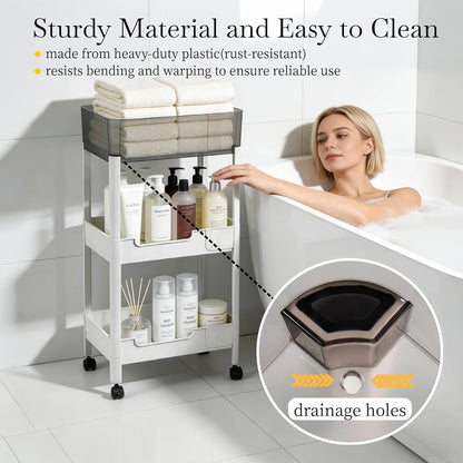 2 Tier Rolling Cart with Wheels for Under Desk Storage, Heavy Duty Plastic Short Small Utility Cart for Small Space Bathroom Vanity Makeup Organizer Pantry, 4.7'' Deep Baskets for Tall Bottles