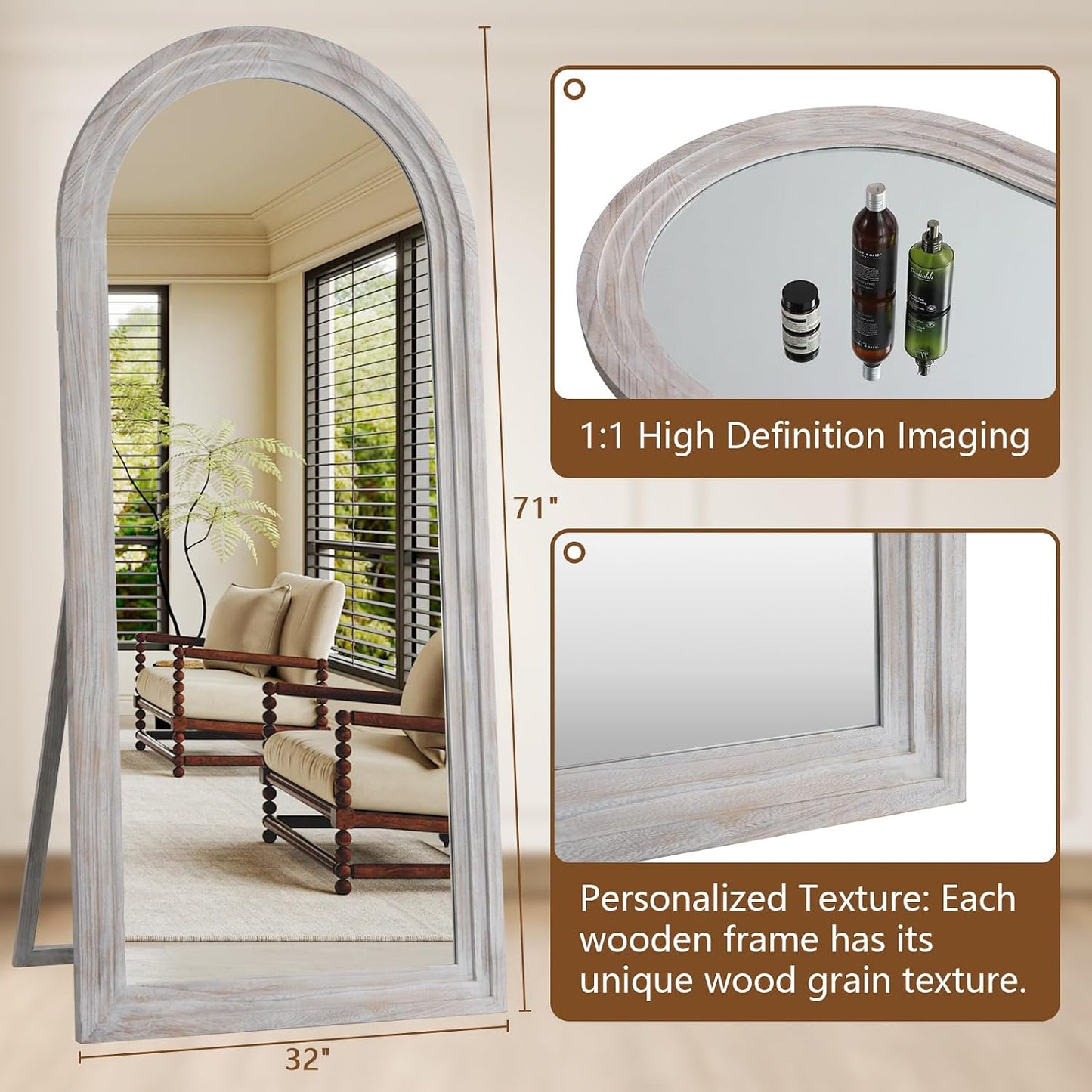 MELOMOIR Arched Full Length Mirror with Solid Wood Frame, 56"x21" Rustic Farmhouse Floor Mirror with Stand, Free Standing Leaning Hanging, for Bedroom Living Room Dressing Room Entryway, Brown