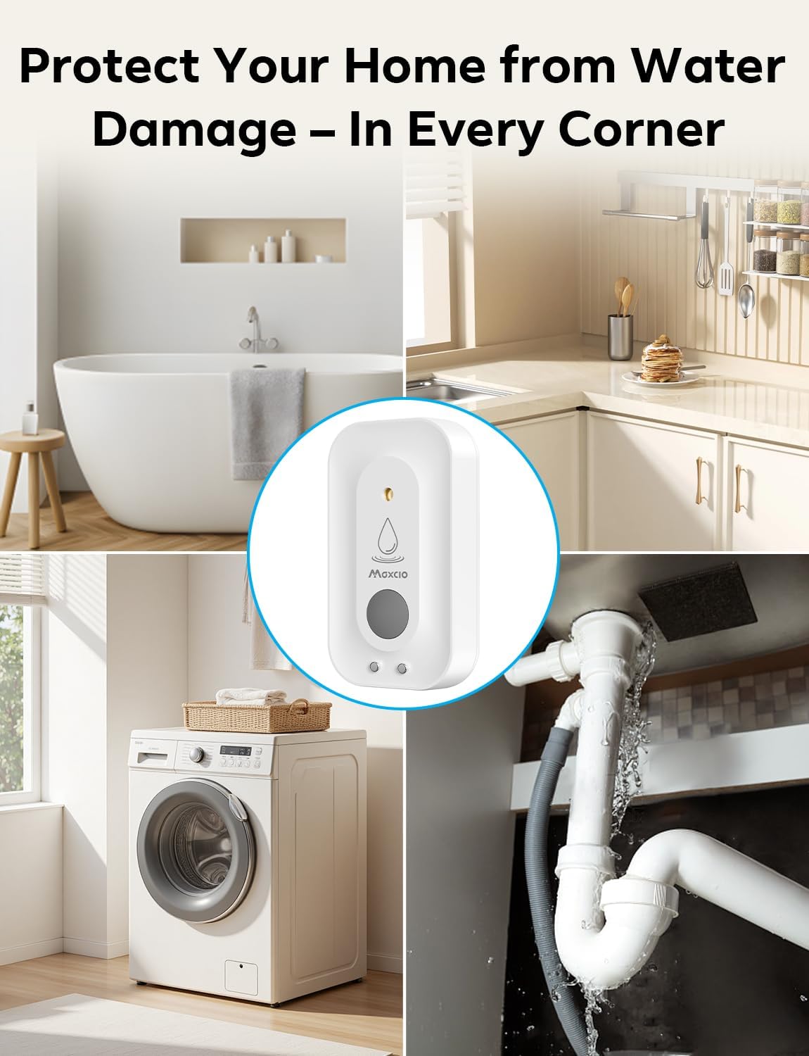 MAXCIO Water Leak Detectors 5 Pack, 110dB Adjustable Smart Water Sensor, Leak and Drip Alert, IP66 Waterproof for Basement, Bathroom, and Kitchen