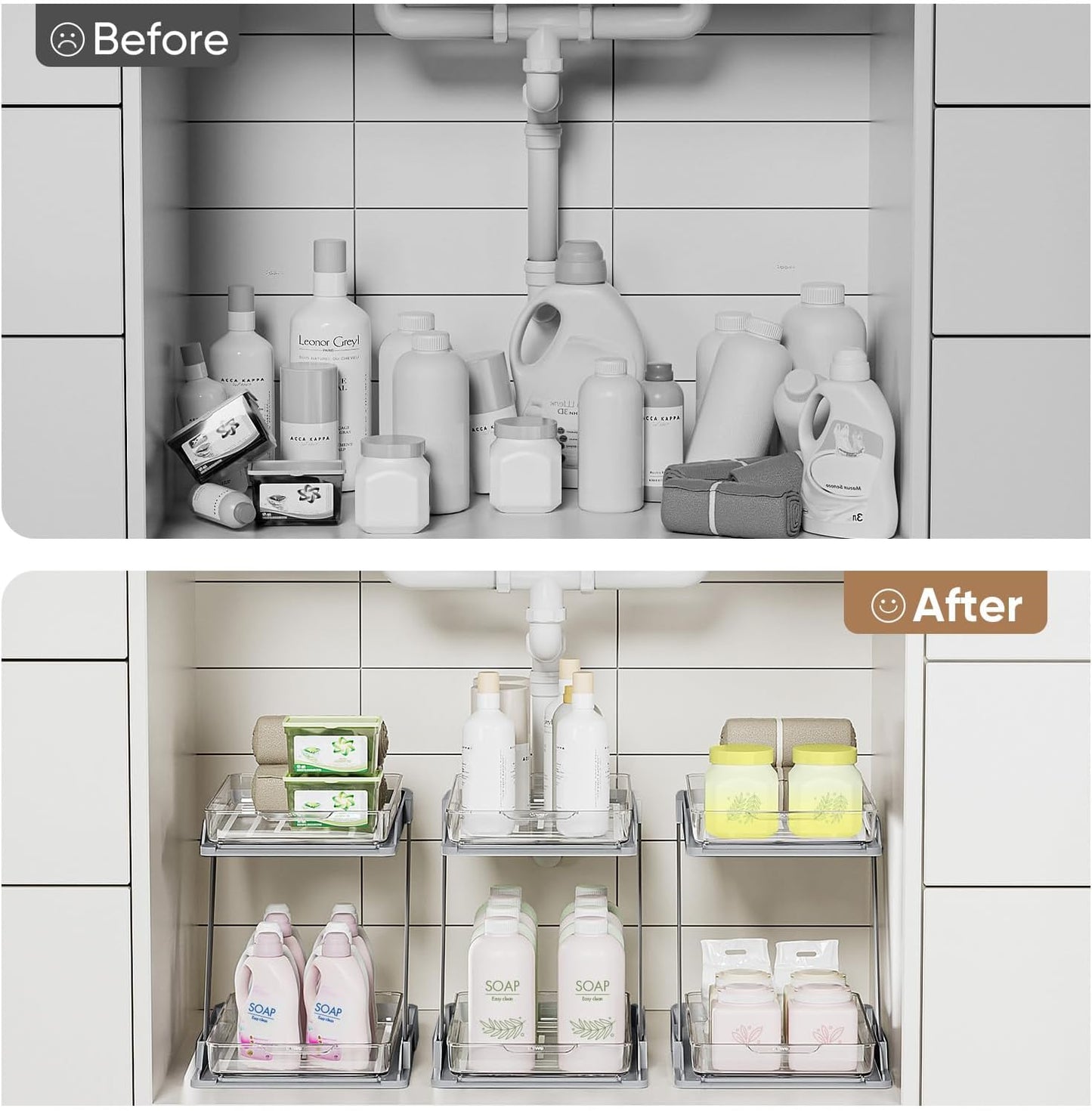 3 Pack Bathroom Organizers and Storage - Multi-Purpose,2-Tier Clear Pull Out Organization for Bathroom,Under Sink,Kitchen,Vanity,Countertop,Cabinet,Pantry & Medicine Cabinet,Grey