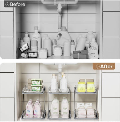 3 Pack Bathroom Organizers and Storage - Multi-Purpose,2-Tier Clear Pull Out Organization for Bathroom,Under Sink,Kitchen,Vanity,Countertop,Cabinet,Pantry & Medicine Cabinet,Grey