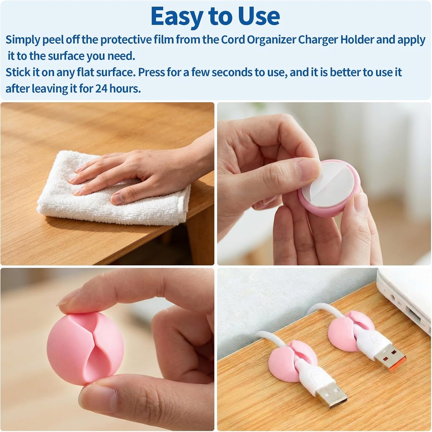 16Pcs Pink Silicone Cable Clips for iPhone Charger, USB, Computer Cables, Waltool Self-adhesive Desk Wire Management Cord Organizer Clips Keeper for Nightstand, Wall, Office, Home, Car