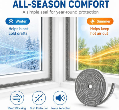 Self-Adhesive Door Draft Stopper & Weather Stripping Door Seal – Gray, 33 Ft x 0.35" Wide x 0.35" Thick Foam Seal Strip – Draft Blocker, Noise Reduction, Insulation