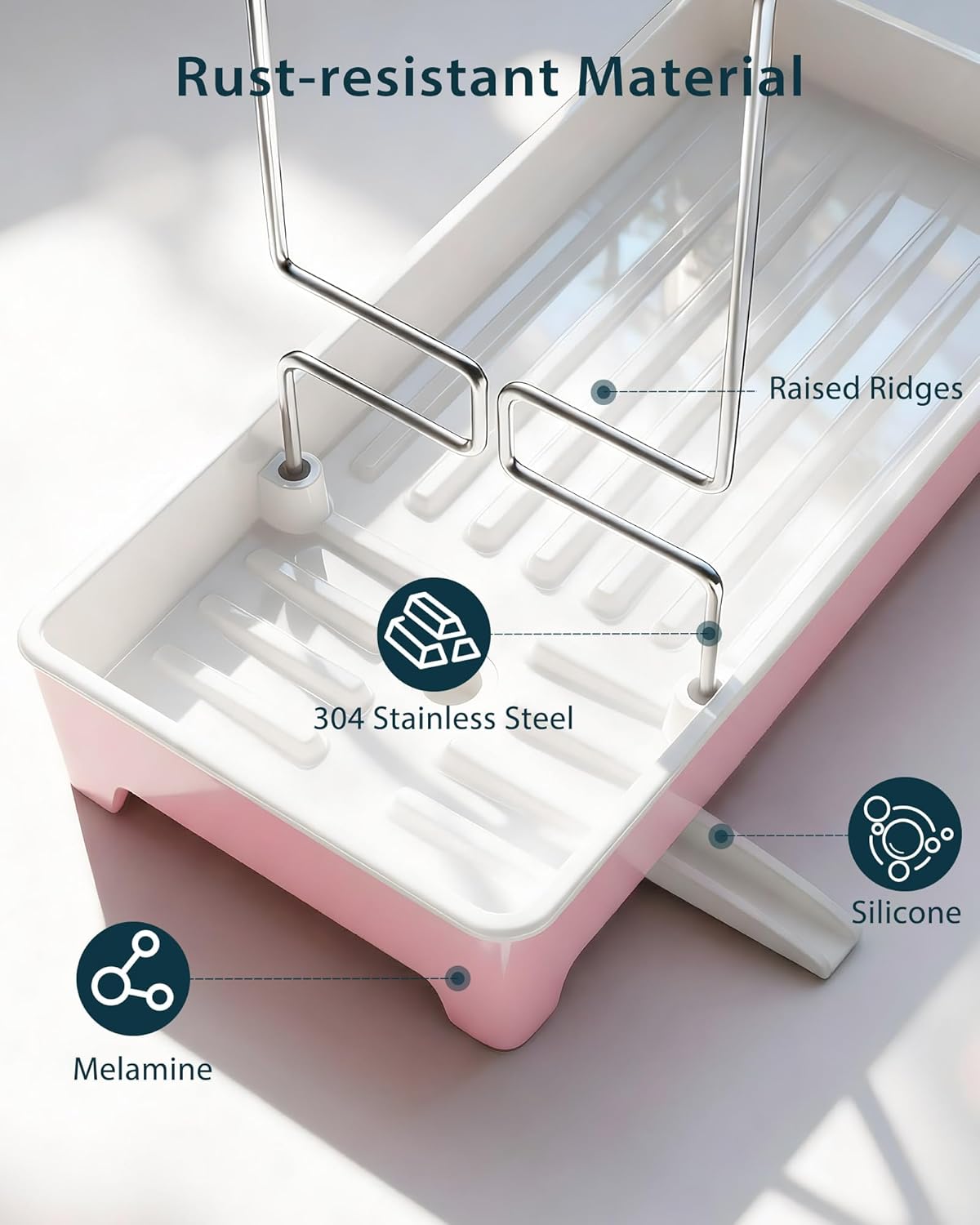 Minimalist Sink Caddy, Rustproof Sponge Holder for Kitchen Sink with 304 Stainless-Steel Brush Holder, Countertop Rack Organizer with Raised Ridges & Silicone Drain Tube (Black, Large)