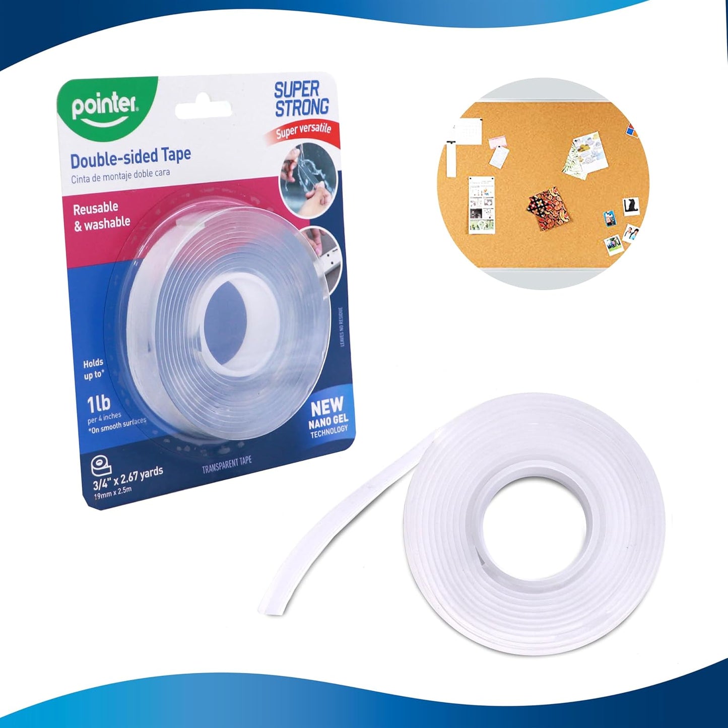 Pointer Super Strong Double-Sided Tape – Transparent, Reusable & Washable, Heavy Duty Mounting Adhesive Holds 1 lb per 4 Inches, 3/4 Inch Wide x 2.67 Yards