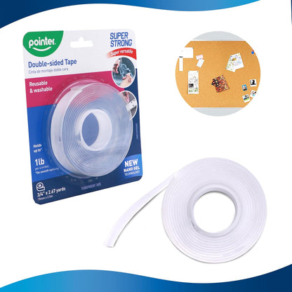 Pointer Super Strong Double-Sided Tape – Transparent, Reusable & Washable, Heavy Duty Mounting Adhesive Holds 1 lb per 4 Inches, 3/4 Inch Wide x 2.67 Yards