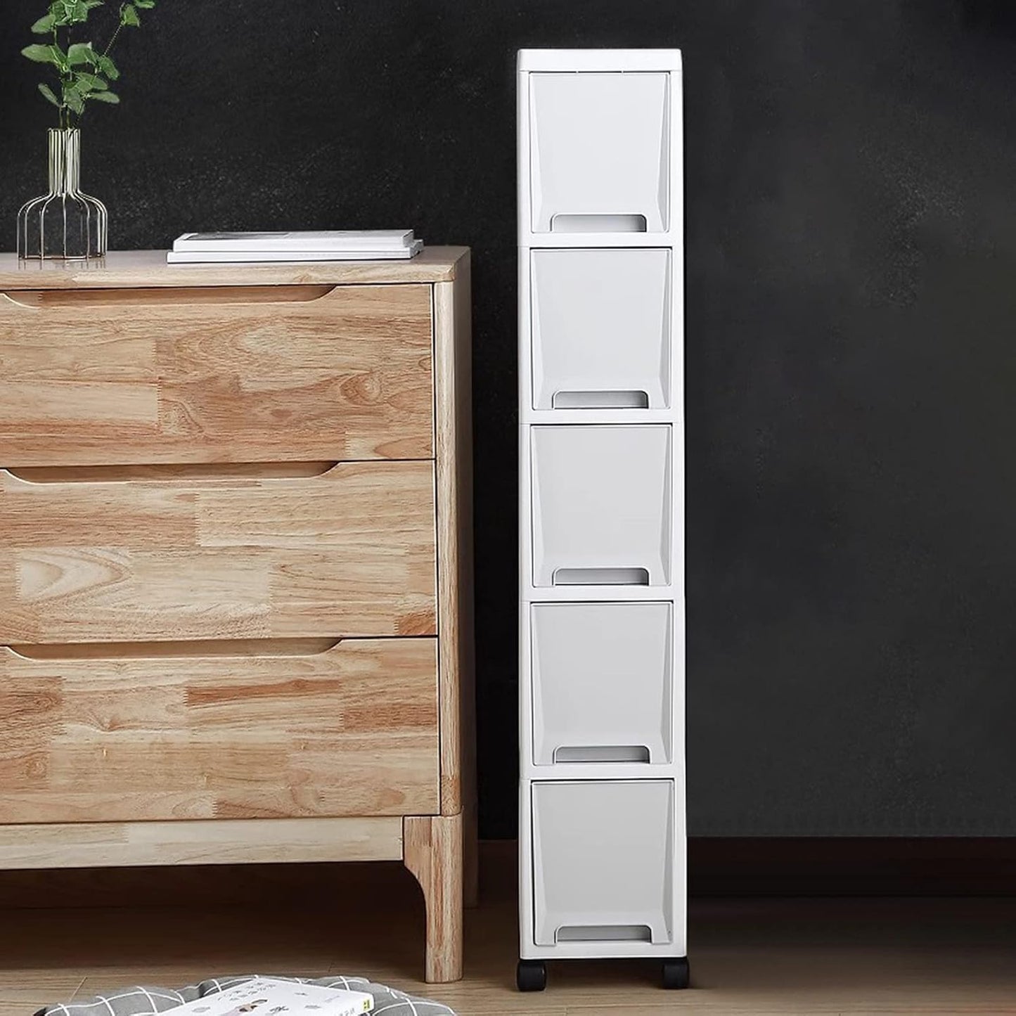 7in Narrow Slim Rolling Storage Cart, 4 Tier Kitchen Small Bathroom Storage Cabinet Beside Fridge Small Plastic Rolling Shelf with Drawers