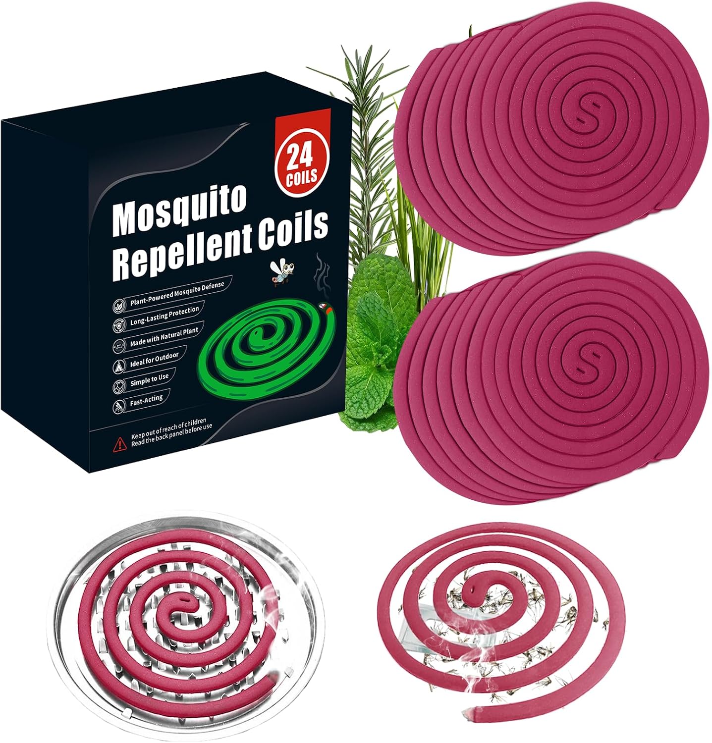 24 Extra Strength Mosquito Repellent Coils with 1 Metal Holder & 6 Stands, Citronella Incense Mosquito Coils Outdoor Patio Yard Camping Use, Long Lasting 6-8 Hrs Plant-Based Mosquito Coil Incense