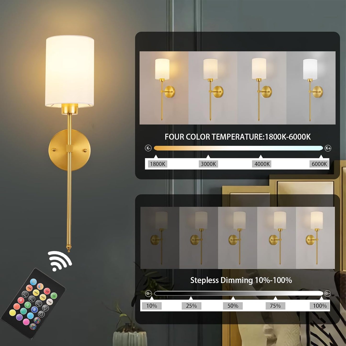 Battery Operated Wall Sconces Set of Two,Wireless Rechargeable Wall Light With Remote Control, Dimmable, Amber Light/Warm White/Natural White/Daylight/RGB, Timer,for Living Room,Bedroom,Entryway,Gold