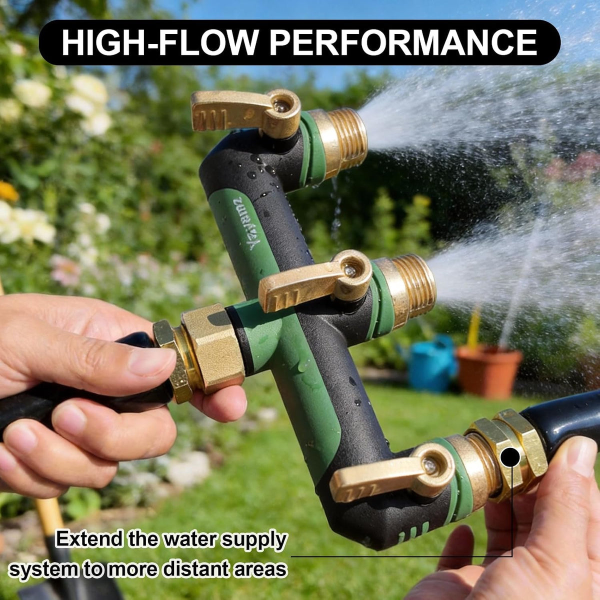 3 Way Garden Hose Splitter, High Flow Outdoor Faucet Splitter with 3 Independent Shut Off Valves, Wide Spacing for Timers, Standard 3/4" GHT for Lawn Yard Garden Watering