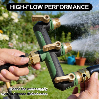 3 Way Garden Hose Splitter, High Flow Outdoor Faucet Splitter with 3 Independent Shut Off Valves, Wide Spacing for Timers, Standard 3/4" GHT for Lawn Yard Garden Watering