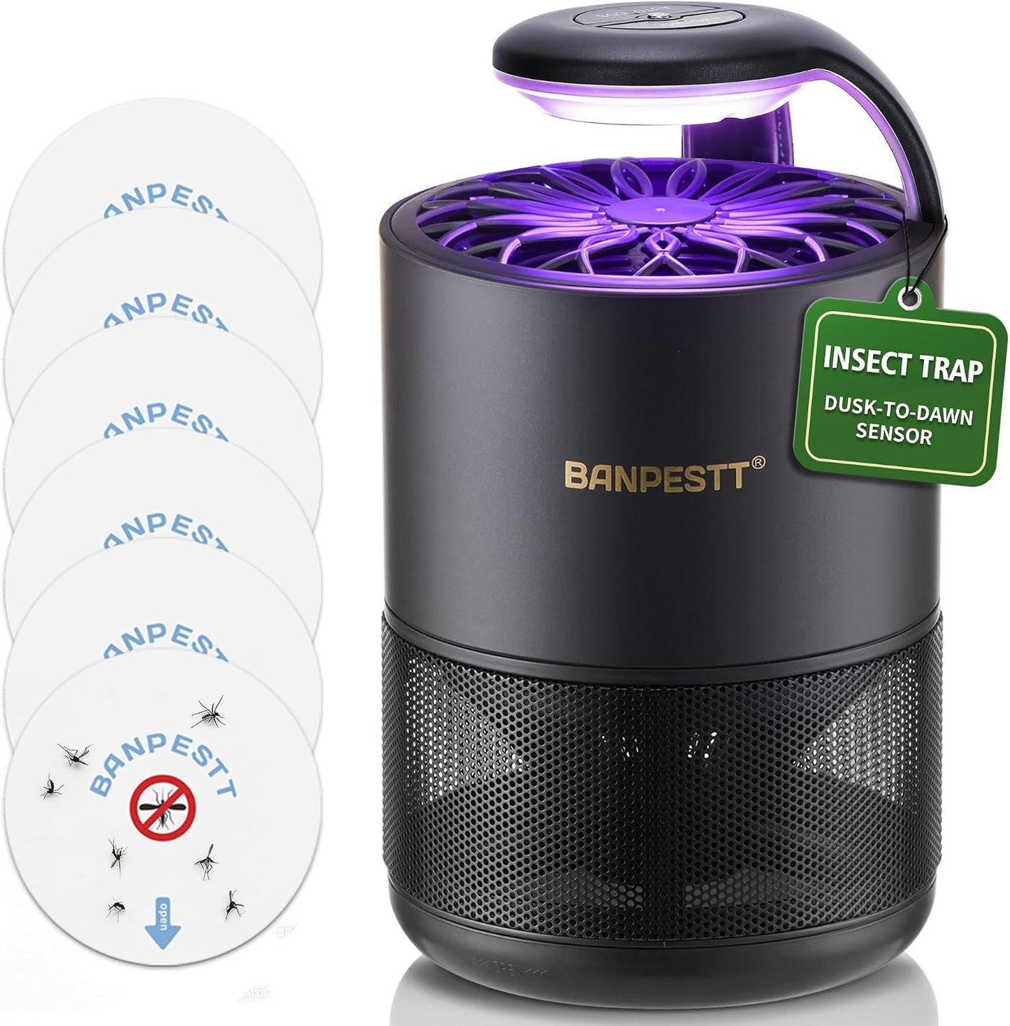 BANPESTT Indoor Insect Trap-Catcher & Killer with Suction for Mosquitos, Gnats, Moths, Fruit Flies, Dusk-to-Dawn Sensor, Bug Light & 6 Sticky Glue Boards (Black)
