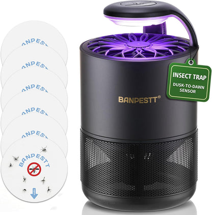 BANPESTT Indoor Insect Trap-Catcher & Killer with Suction for Mosquitos, Gnats, Moths, Fruit Flies, Dusk-to-Dawn Sensor, Bug Light & 6 Sticky Glue Boards (Black)