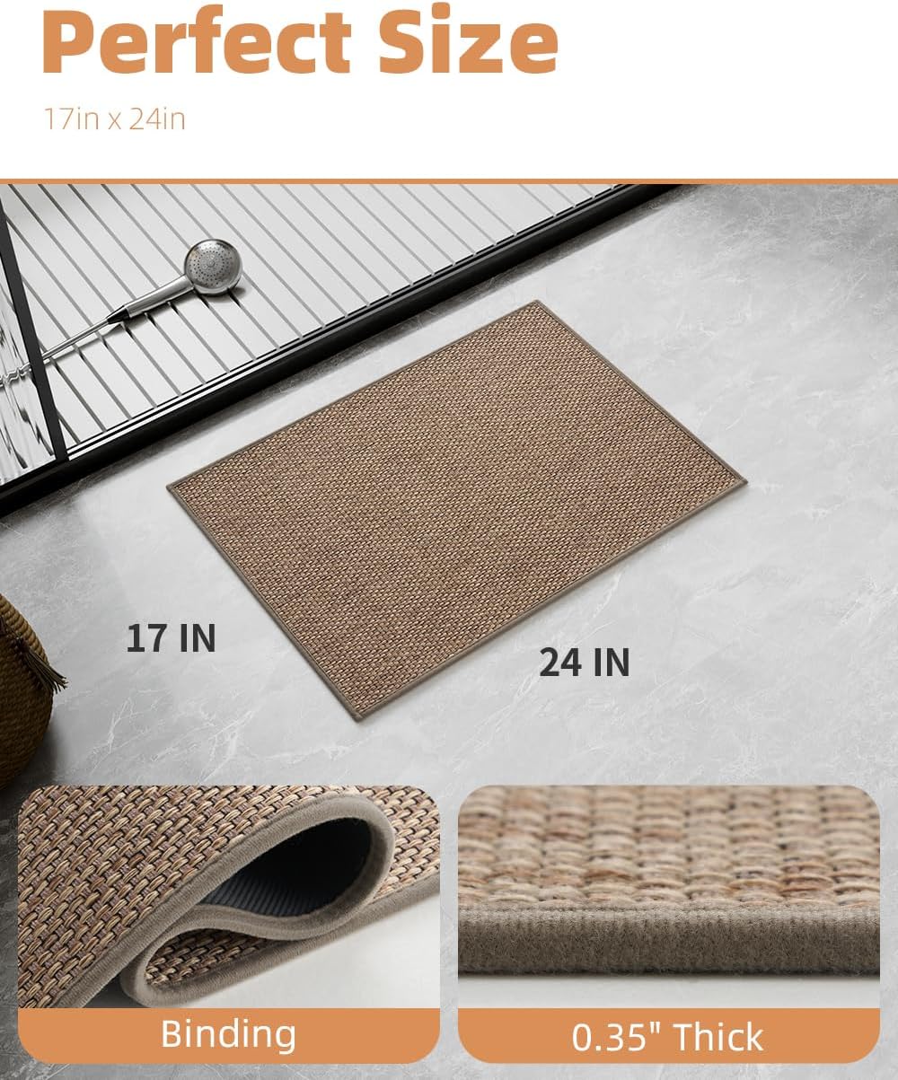 PADOOR Non-Slip Bath Mat With Rubber-Backing, Braided Absorbent Machine Washable Thin Rug for Bathroom Floor, Quick Dry, Fits Under Door, 17''x24'' Beige
