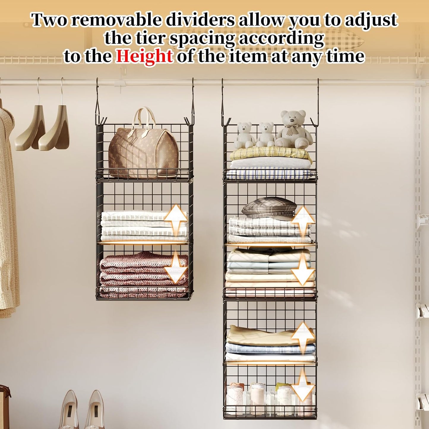 Yuyetuyo 5 Tier Closet Hanging Organizer and Storage Separable Hanging Closet Shelves with 4 Hooks 2 Adjustable Dividers, Wire Storage Basket Bins for Clothing Sweaters Socks Dolls Handbags, Foldable