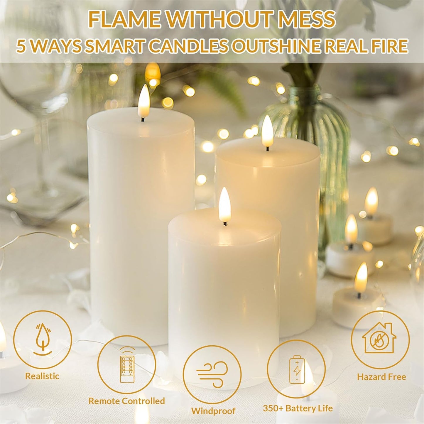 Black Flameless Pillar Candles with Remote, Flickering LED Wax Candles Battery Operated Set of 3