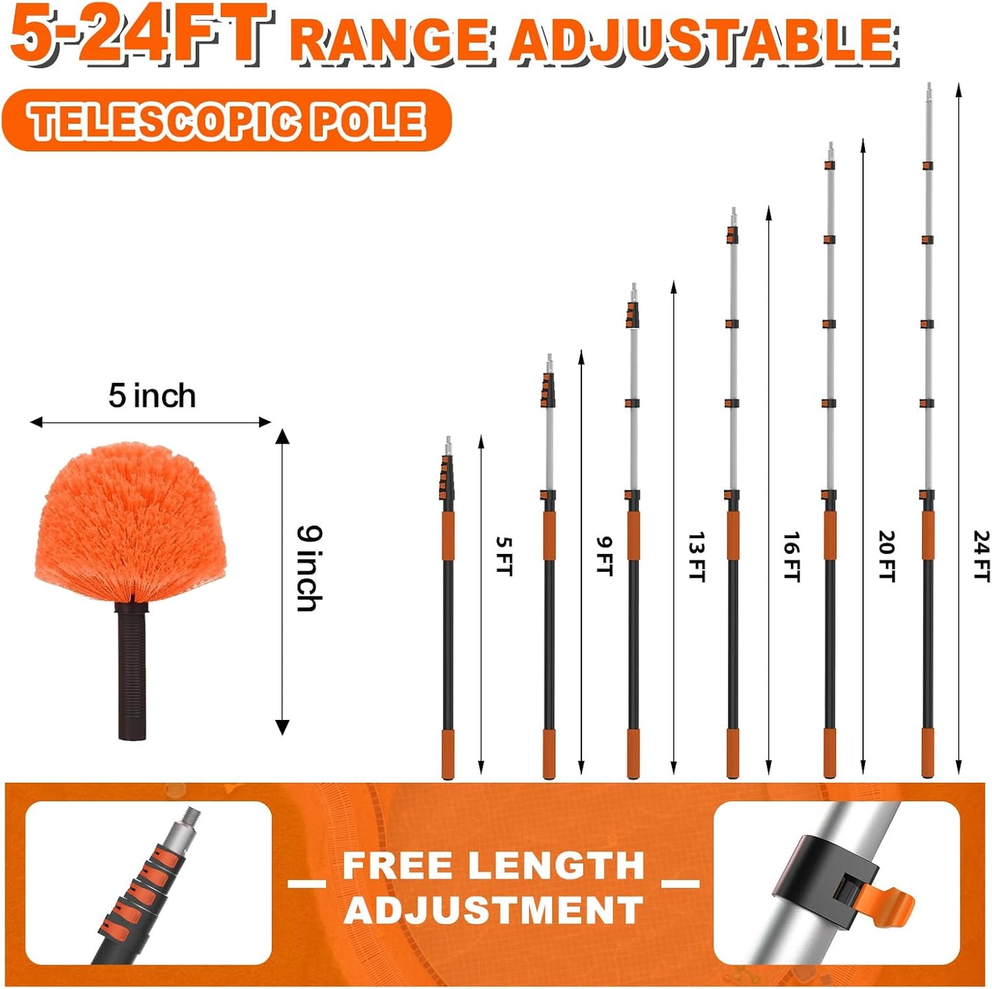 SISUPASSIE 30FT Reach Cobweb Duster with Extension Pole, High Ceiling Long Duster with 5-24FT Telescoping Pole, Spider Web Brush for Indoor Outdoor Use