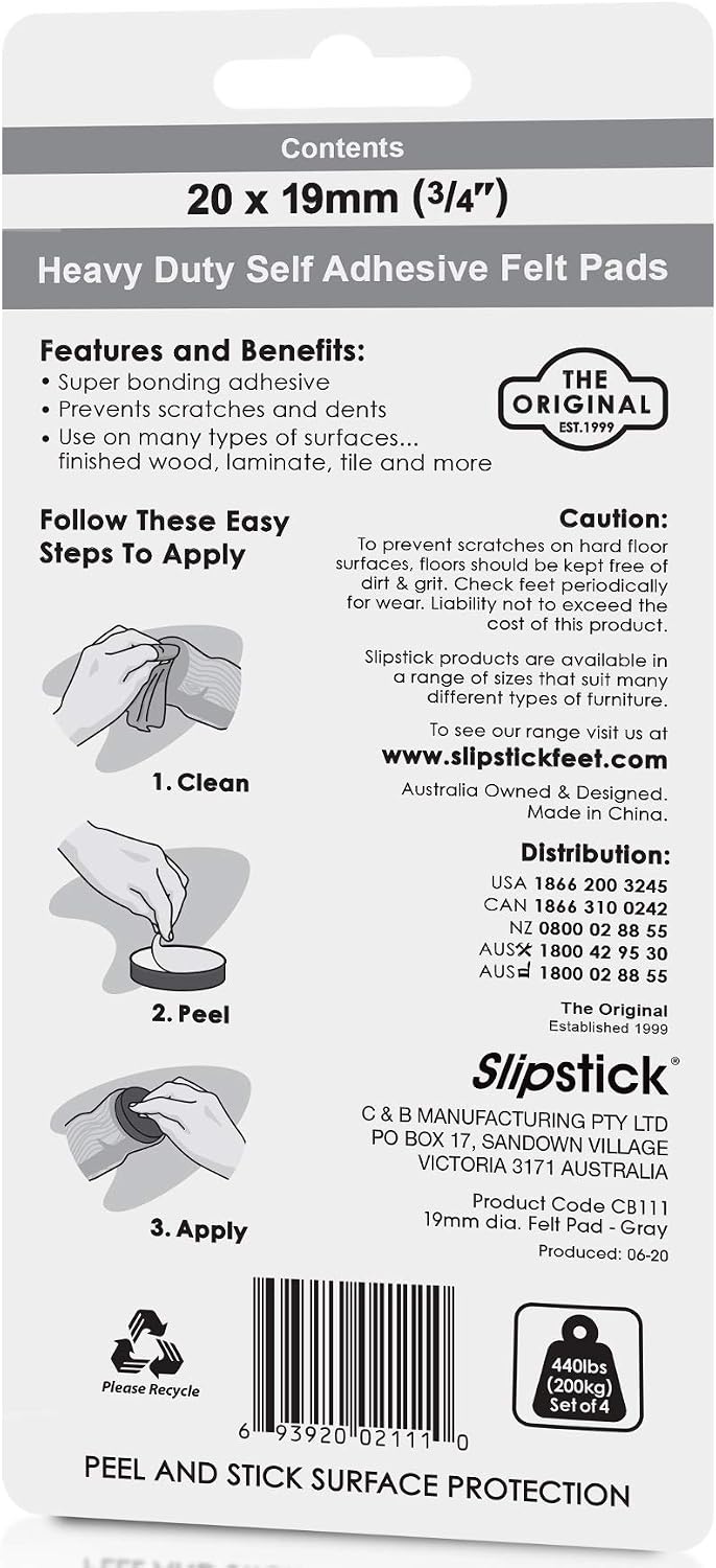 Slipstick Premium Wool Felt Furniture Pads/Floor Protectors (1 Inch Round Value Pack) Includes 40 Heavy-Duty Felt Chair Leg Pads with Self-Stick Adhesive, Gray, CB115