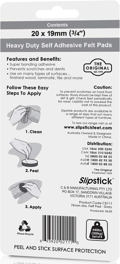 Slipstick Premium Wool Felt Furniture Pads/Floor Protectors (1 Inch Round Value Pack) Includes 40 Heavy-Duty Felt Chair Leg Pads with Self-Stick Adhesive, Gray, CB115
