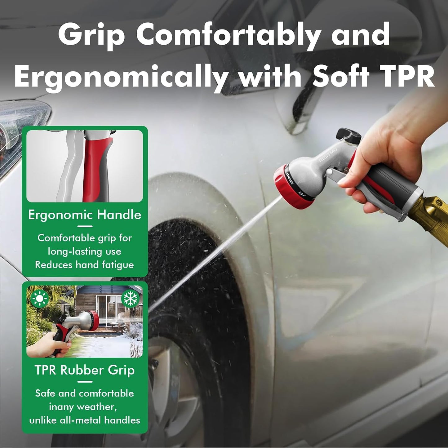 RESTMO Garden Hose Nozzle, Heavy Duty Metal Water Hose Nozzle with 7 Adjustable Spray Patterns, High Pressure Hand Sprayer with Flow Control for Watering Plants & Lawns, Washing Cars & Pets