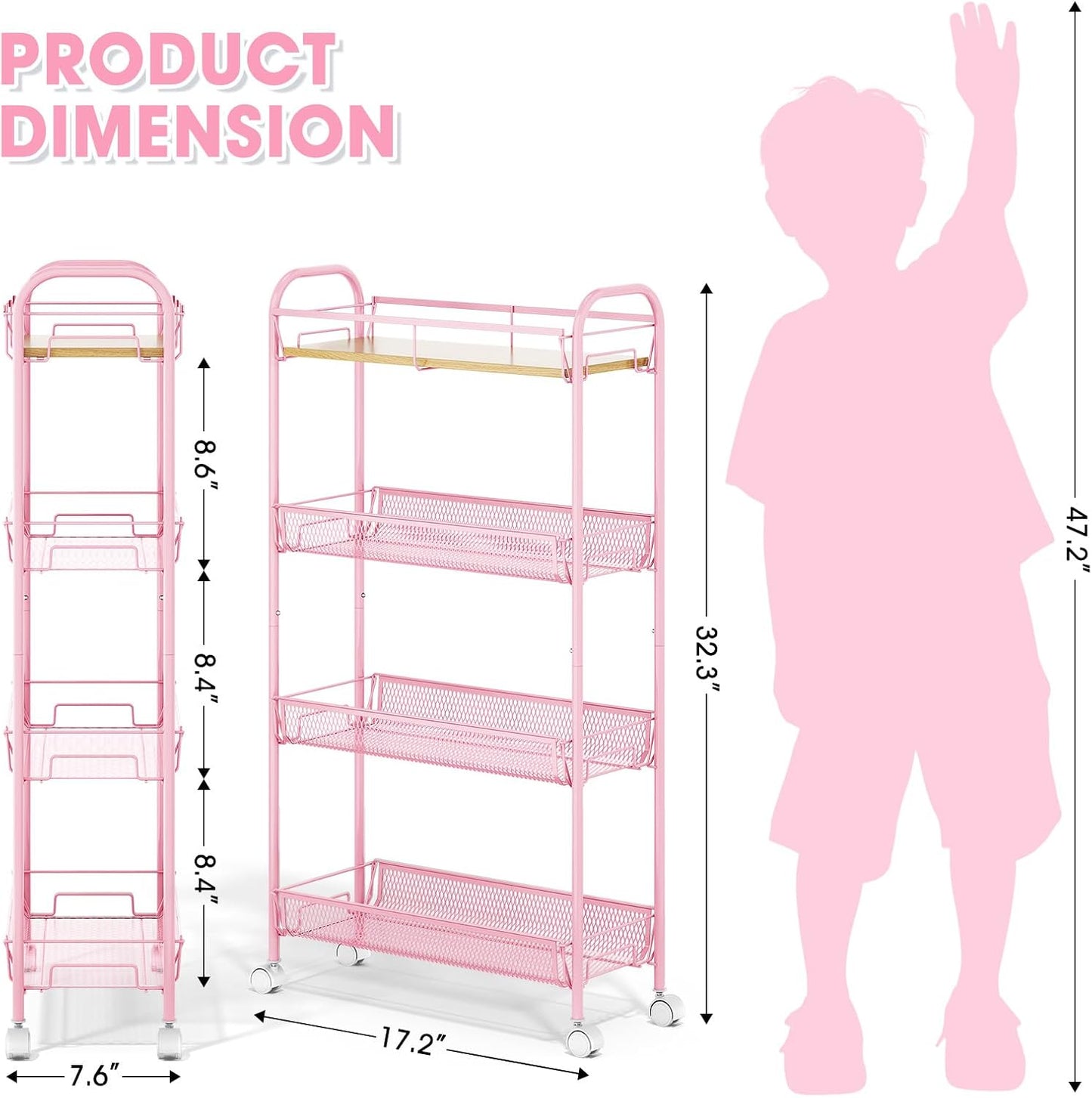 TOOLF 4-Tier Slim Rolling Cart, Metal Utility Cart, Slide Out Storage Cart with Wooden Tabletop and Mesh Baskets for Narrow Space on Kitchen Bathroom Laundry Room Bedroom Apartments Dormitory