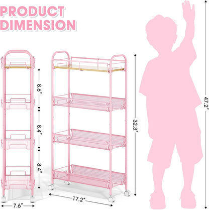 TOOLF 4-Tier Slim Rolling Cart, Metal Utility Cart, Slide Out Storage Cart with Wooden Tabletop and Mesh Baskets for Narrow Space on Kitchen Bathroom Laundry Room Bedroom Apartments Dormitory