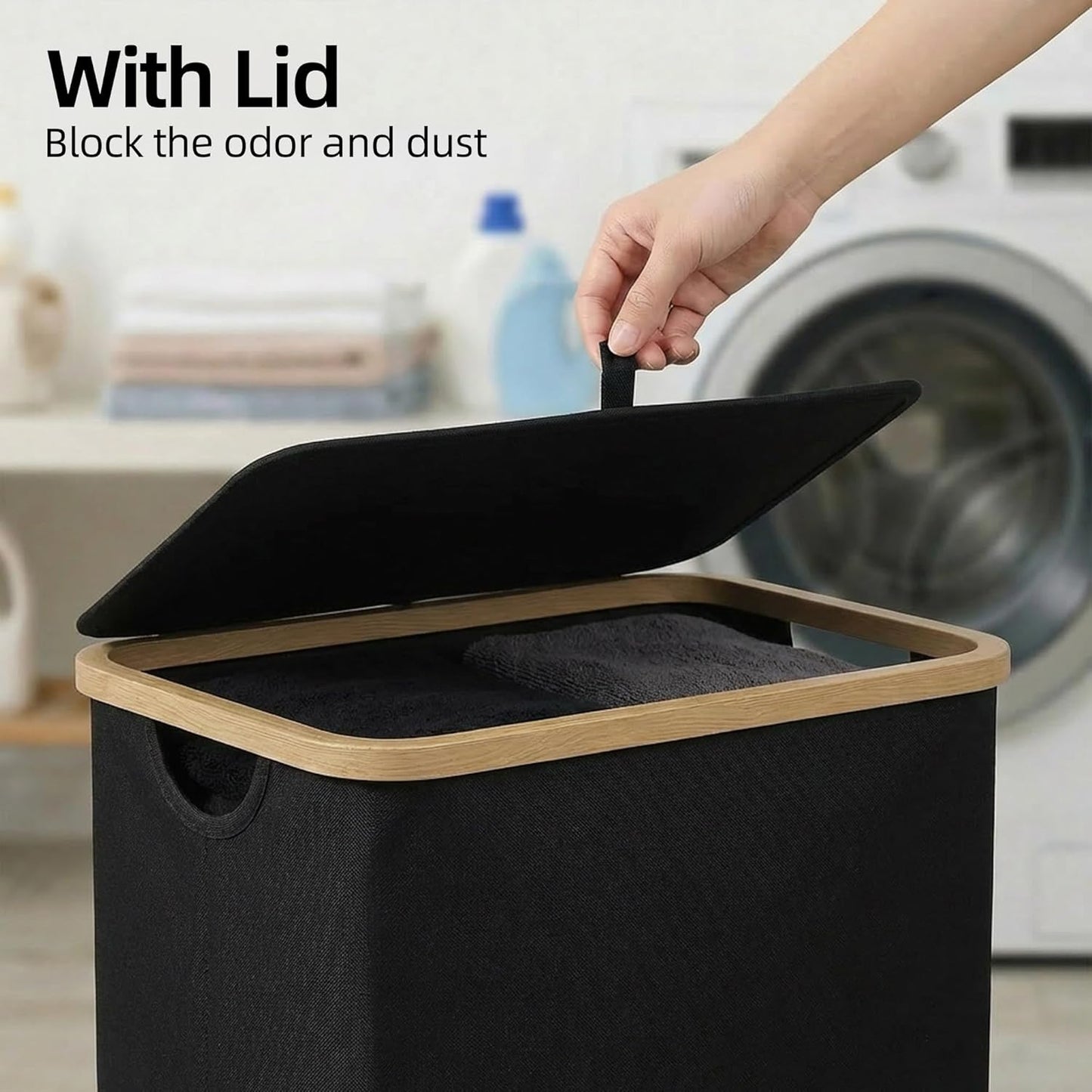 efluky Slim Laundry Basket with Lid, Narrow Laundry Hamper with Removable Bag, Skinny Dirty Clothes Basket with Bamboo Handles for Bathroom, Bedroom & Laundry Room, 75L Beige