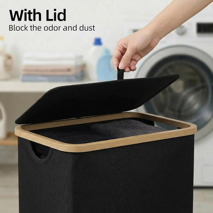 efluky Slim Laundry Basket with Lid, Narrow Laundry Hamper with Removable Bag, Skinny Dirty Clothes Basket with Bamboo Handles for Bathroom, Bedroom & Laundry Room, 75L Beige