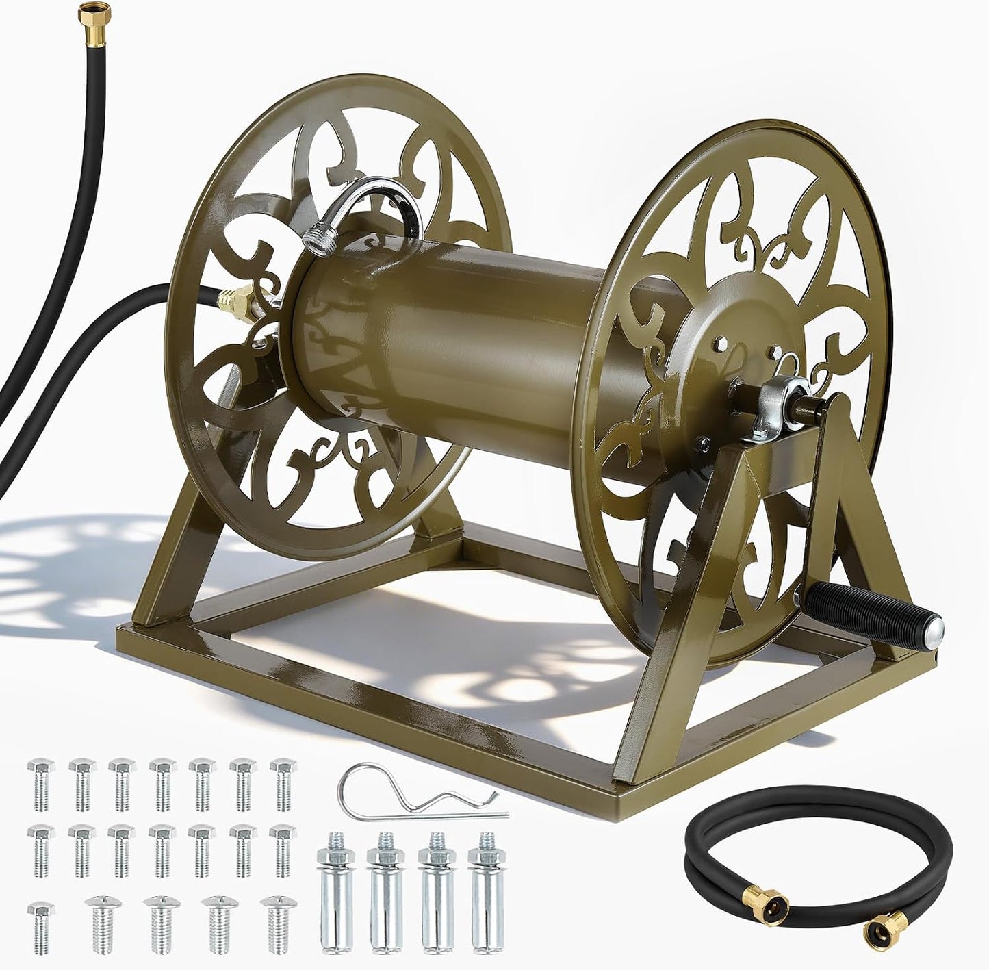 VEVOR Wall Mounted Garden Hose Reel, Holds 125 ft 5/8-inch Hose, Heavy-Duty Water Hose Winder, Space-Saving Design, Outdoor Manual Reel with Brass Fitting and Storage Basket for Yard Lawn