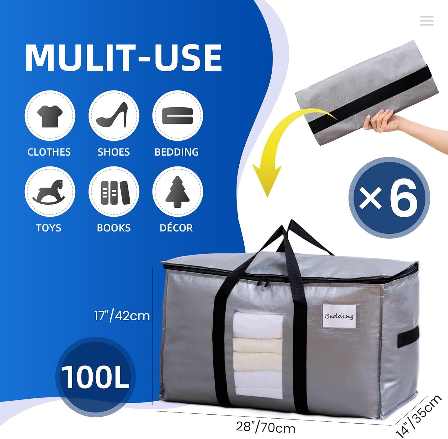 TAILI Extra Large Moving Bags, 4 Pack Blue Heavy Duty Totes For Storage with Visible Window, Wrap Around Handles, Storage Bags for Space Saving, Alternative to Moving Boxes