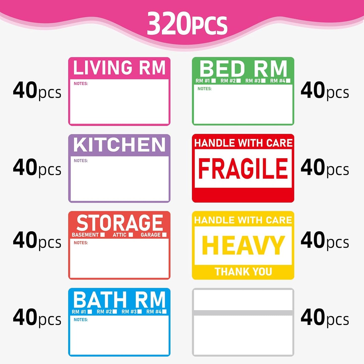320 Count Home Moving Labels- 3 x 2 inches, Removable Packing Box Stickers, 8 Designs Waterproof Color Coded Moving Stickers with Fragile and Blank Labels