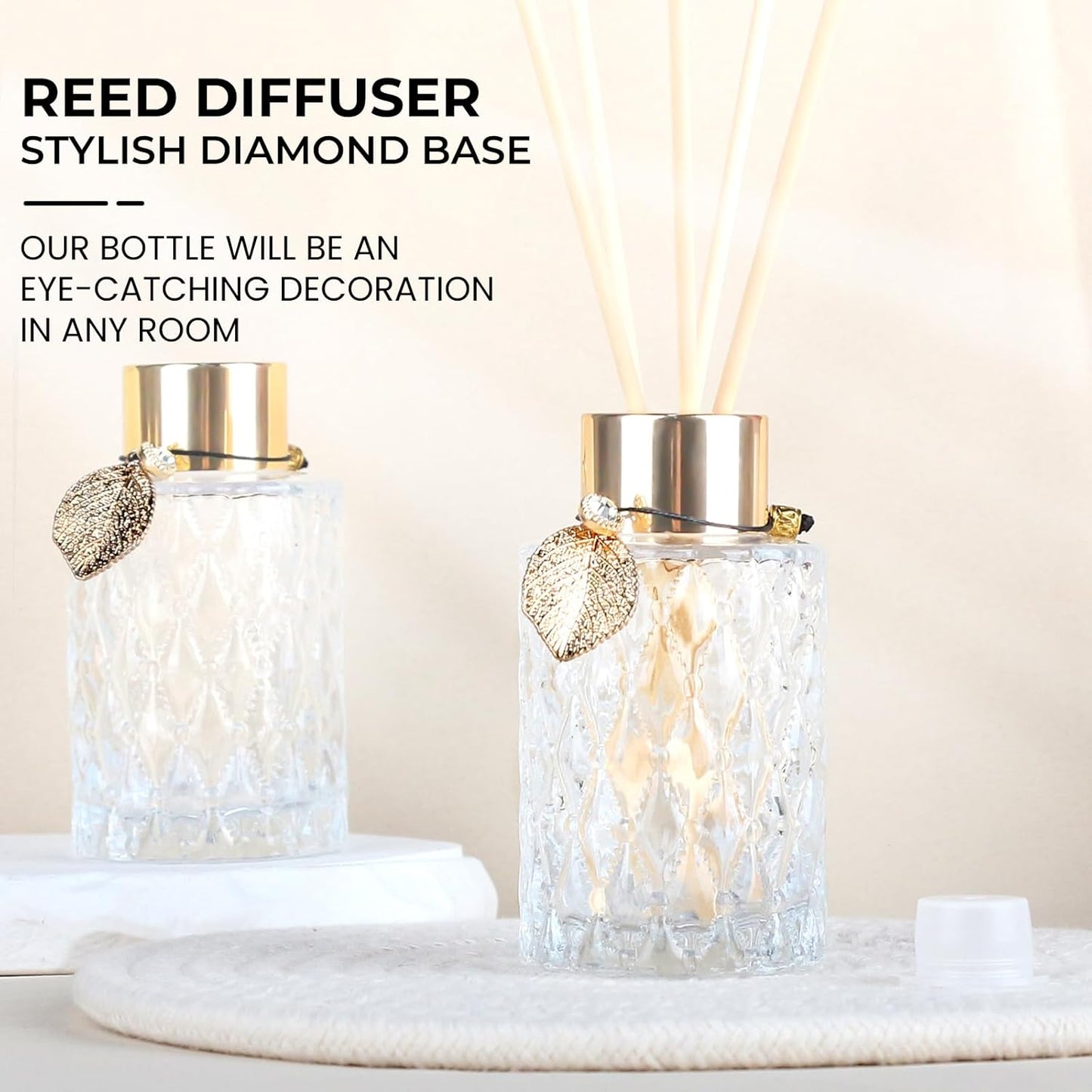 4-Piece Reed Diffuser Set with Metal Golden Decoration, 3.5-4.2oz Empty Bottles and 20 Reed Sticks, Unique Design for Home and Office (4 Different Bottles)