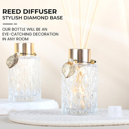 4-Piece Reed Diffuser Set with Metal Golden Decoration, 3.5-4.2oz Empty Bottles and 20 Reed Sticks, Unique Design for Home and Office (4 Different Bottles)