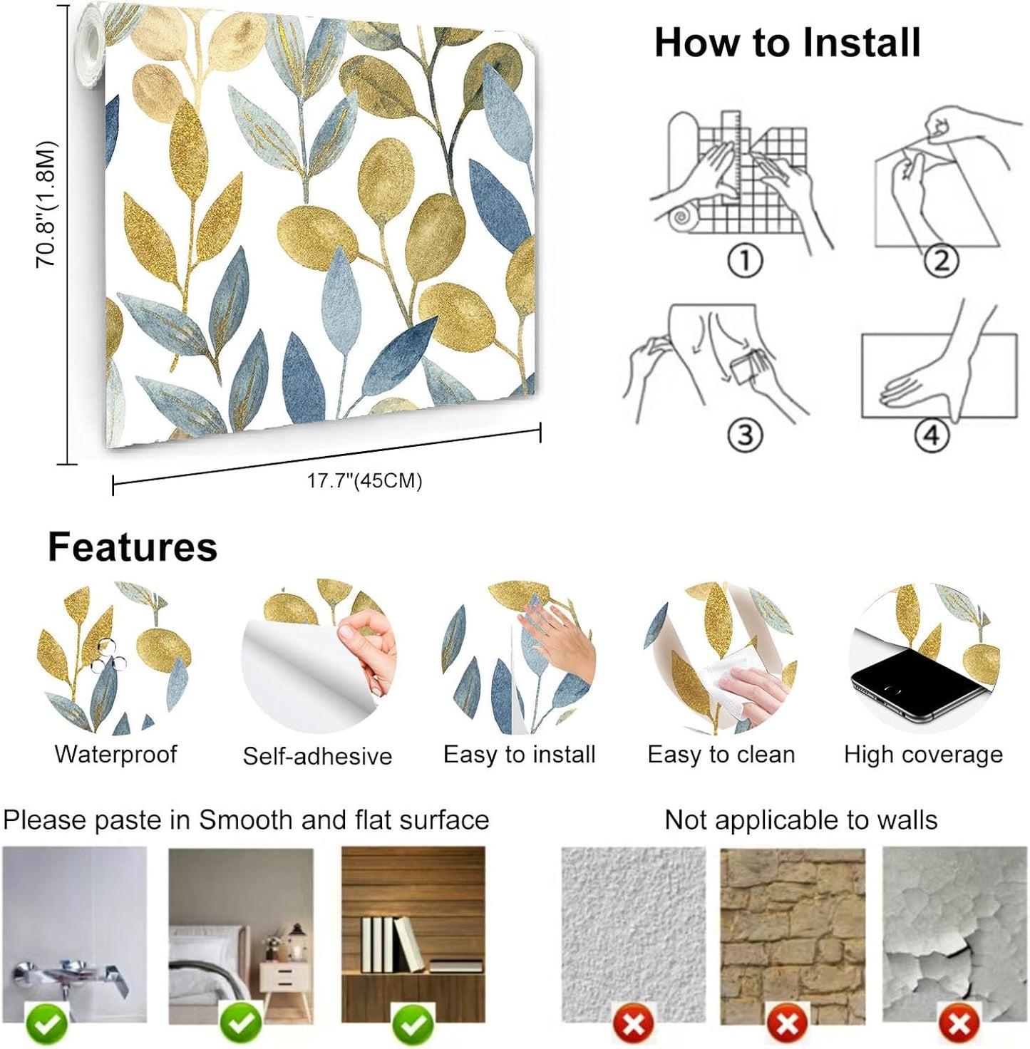 Blue Gold Leaf Peel and Stick Wallpaper Modern Self Adhesive Contact Paper Waterproof Removable Wall Paper for Bathroom Living Room 17.7"x70.8" Luxury Decorative Wallpaper