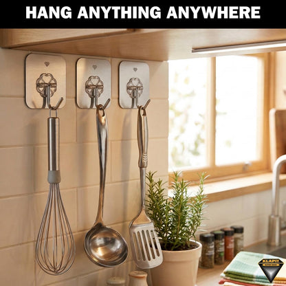 KLAPiT Super Hook - Heavy-Duty Adhesive Clear Wall Hooks Made of Stainless Steel, Holds up to 11 lbs, Waterproof, No Damage, Easy Install on Tile, Wood, Stone, Glass & Metal (Clear, 8pc)