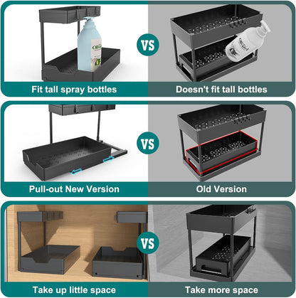 NATURE'S SOURCE 2 Pack Under Sink Organizer 2 Tier Sliding Cabinet Organizers Multi-Purpose Sink Storage Basket L-Shape Narrow Space Storage Shelves with 4 Hook for Kitchen Bathroom Drawer, Black