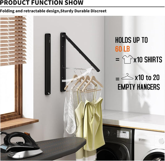 Retractable Clothes Drying Rack for wall clothes hanger rack for Laundry | Folding Hanger Rack Laundry Hanger Dryer Rack, Easy to Install, Closet Storage Organization, Space Saving Aluminium,Walnut