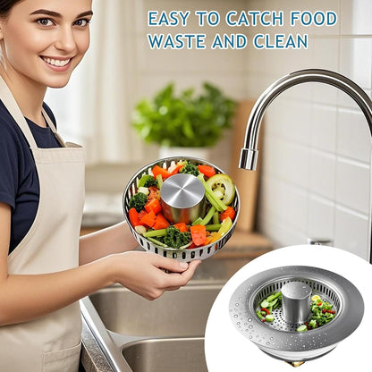 Kitchen Sink Drain Strainer for 3-1/2 Inch Drain Hole, 3-in-1 304 Stainless Steel Pop-Up Sink Strainer and Stopper with Anti-Clog Filter Basket & Food Catcher (Silver, 1 Pack)