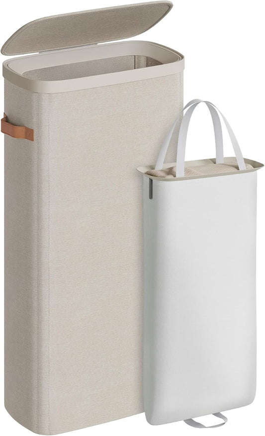 SONGMICS Laundry Basket, 50.2 Gal. Laundry Hamper, 3 Compartments, Easy Assembly, with Lid and Handles, Removable Liners, 25.2 x 15.7 x 29.5 Inches, Cappuccino Beige ULCB814LH01